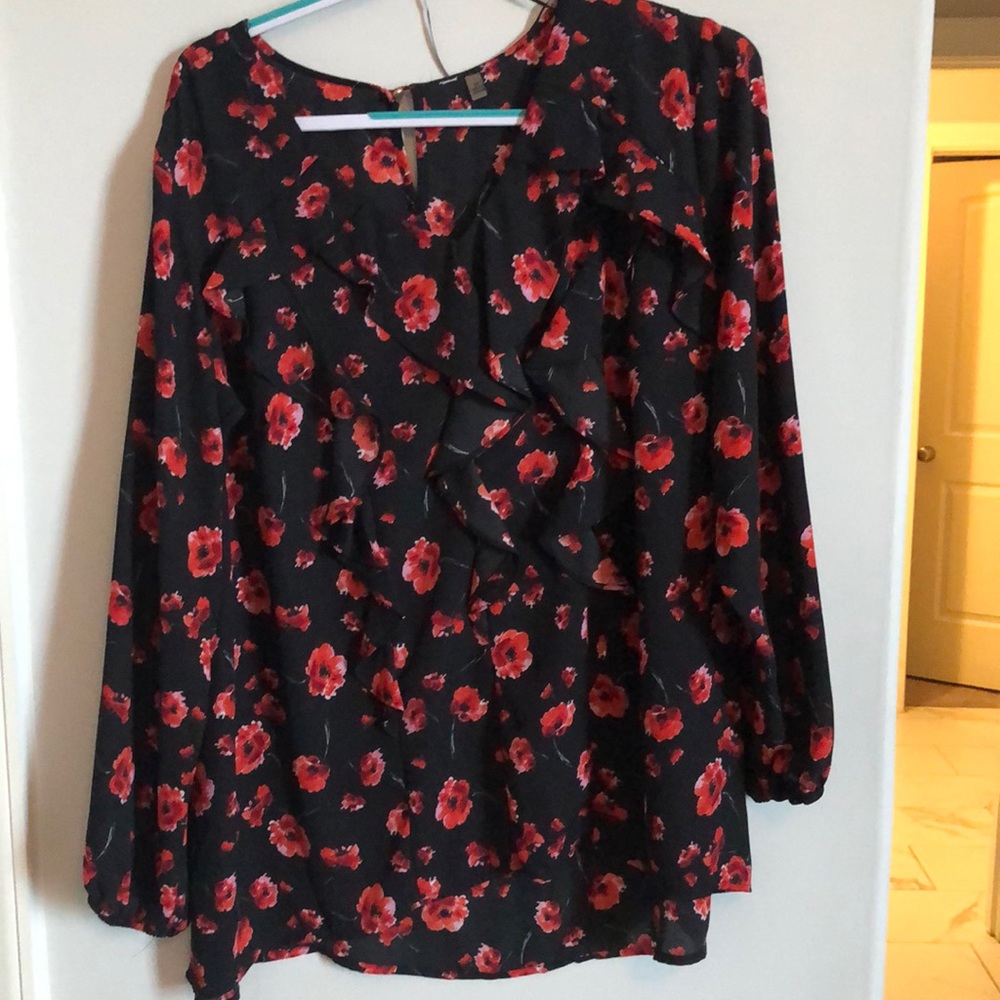 Poppy Print blouse with frills. Size 2x